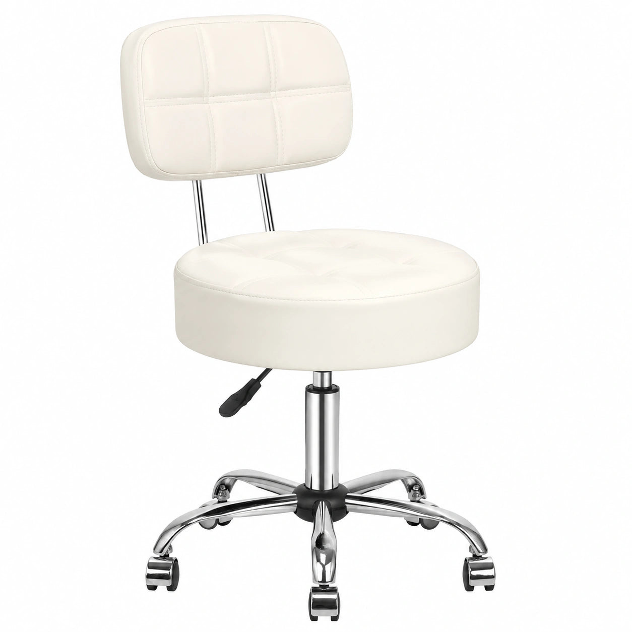 Höhenverstellbarer Rollhocker mit Rückenlehne, Kunstlederbezug, für Kosmetik- und Friseursalons, Tätowierung, Büro, Praxis, Weiß