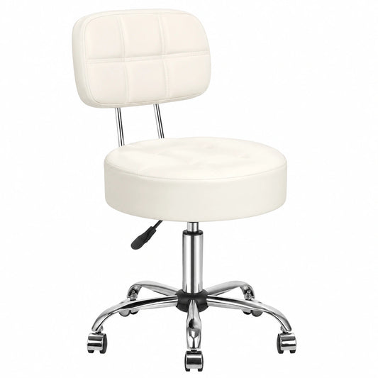 Höhenverstellbarer Rollhocker mit Rückenlehne, Kunstlederbezug, für Kosmetik- und Friseursalons, Tätowierung, Büro, Praxis, Weiß