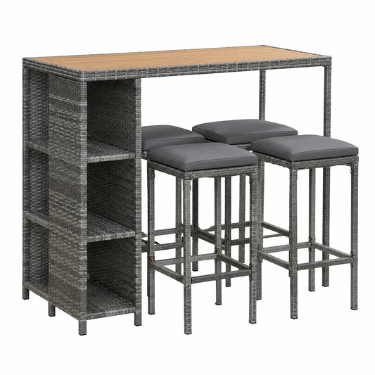 5-teiliges Gartenbar-Set aus Poly Rattan mit Kissen, Grau