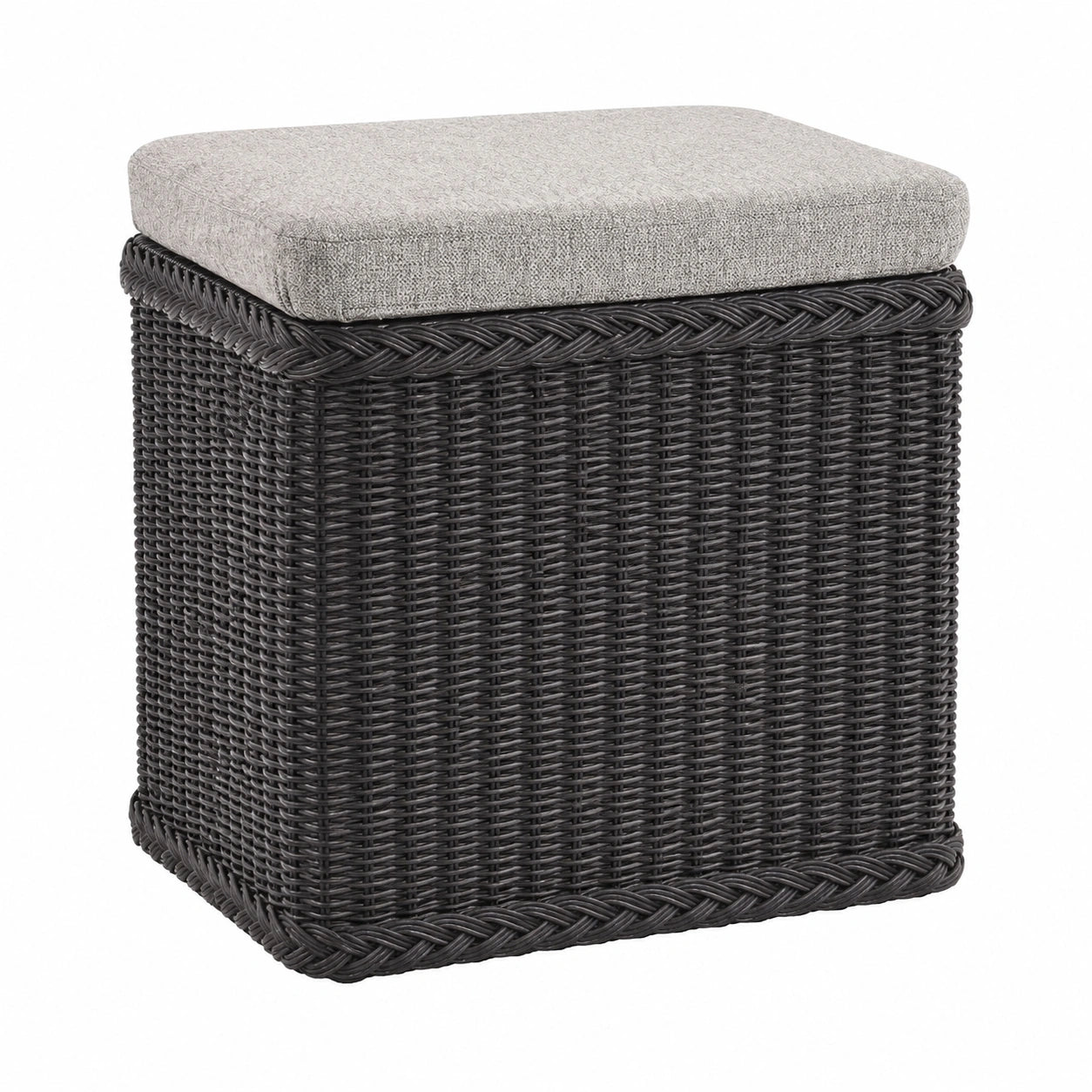 Gepolsterte Natur-Rattan-Sitzbank mit Stauraum und Deckel, Quadratisch Schwarz