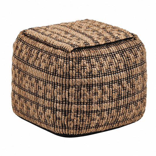 Boho Pouf aus Jute und Baumwolle, Beige/Schwarz, Quadratisch 40x40 cm
