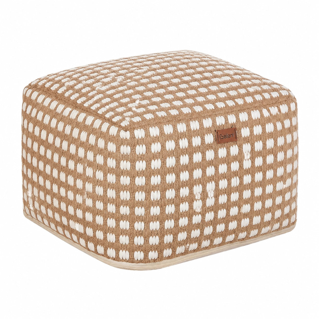 Boho Stil Sitzpouf aus Baumwolle in Beige/Weiß, Quadratisch 50x50x35 cm